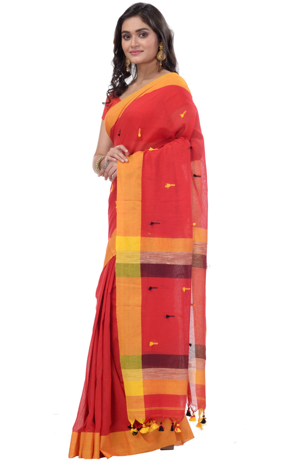 Red Pure Cotton Clacial Desigined Hand Loom Saree (121)